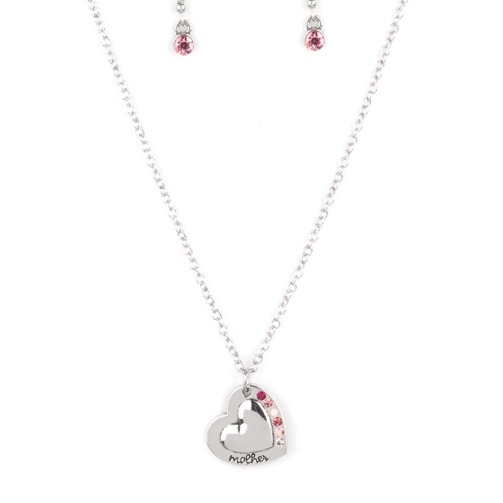 Silver Heart Necklace and Earring Set with Pink Accents